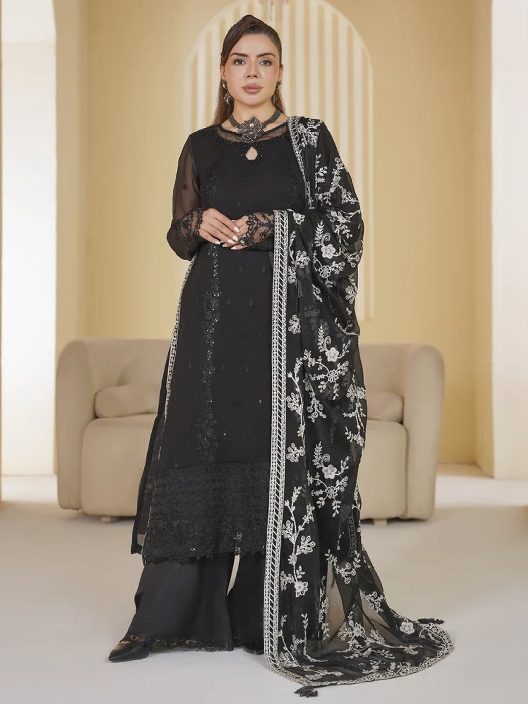 3 Piece - Embroided Chiffon Suit