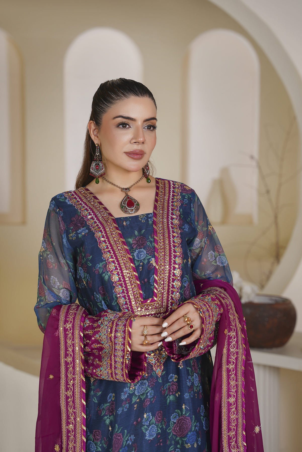 3 Piece - Enbroided Organza Suit